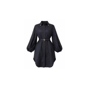 Black Belted Balloon Sleeve Midi Shirt Dress