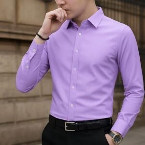 Men Corporate Quality Office Plain Slim Fit Long Sleeve Lilac Shirt (L)